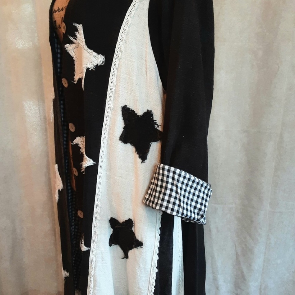 NWT Black & White Star Duster Jacket by Blue Velvet Full Button Oversized Sz S - Picture 7 of 16